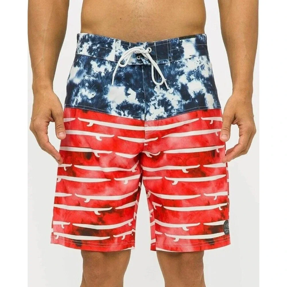 Psycho Tuna Mens Board Shorts Sz 34 Red‎ White Blue USA Surf Board Swim Trunks